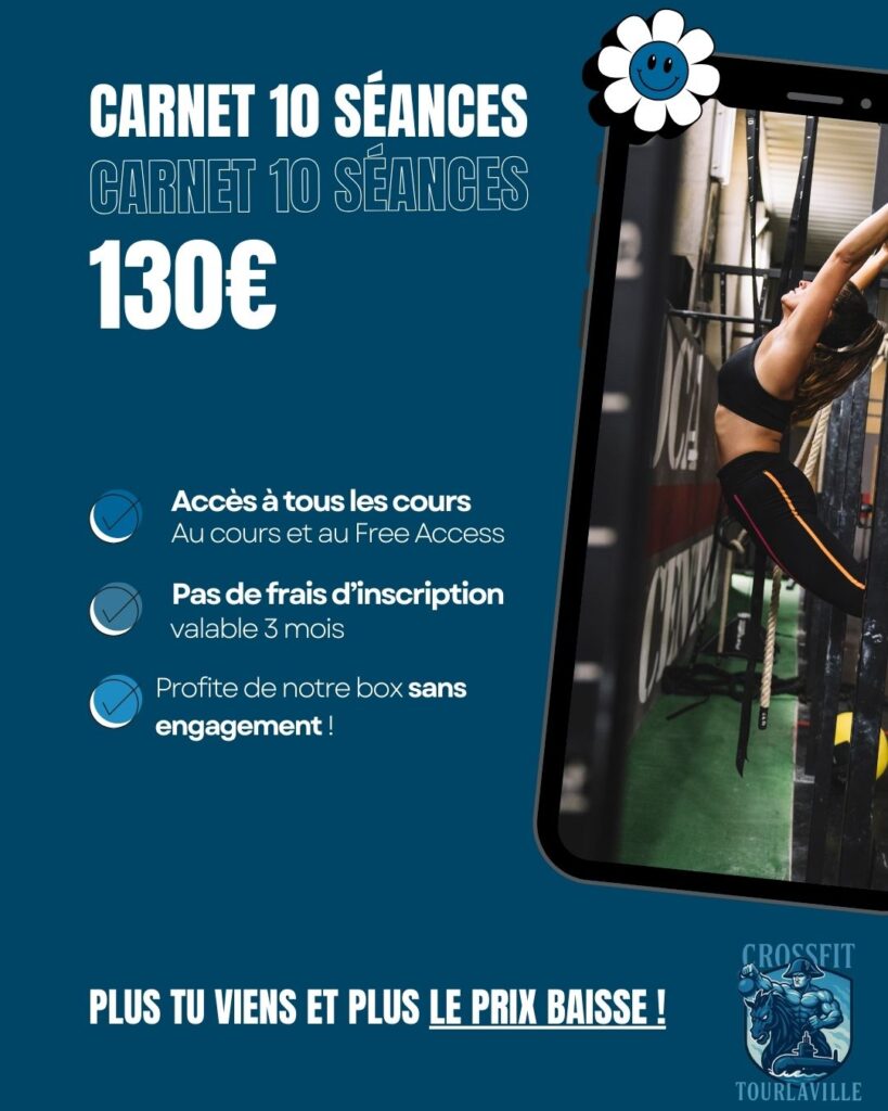 Carnet 10 séances CrossFit prix réduit Cherbourg - Femme gymnastique barre - Offre flexible sans frais d'inscription.